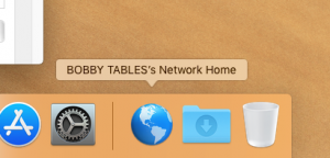 screenshot of the blue globe with caption, "Bobby tables network home"